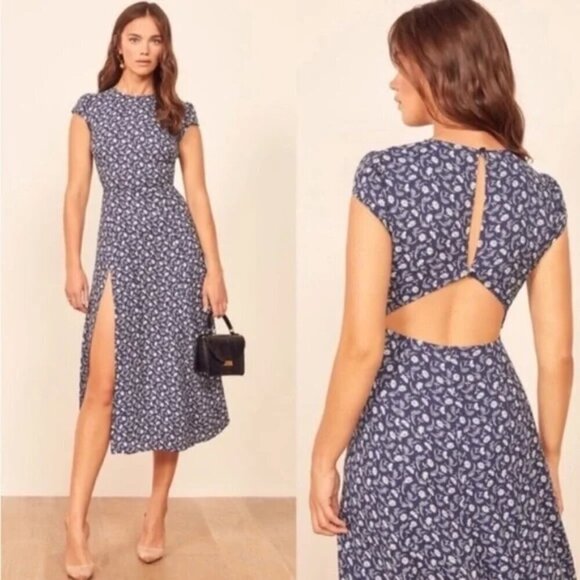 💕REFORMATION💕 Gavin Dress ~ Monterey Navy Blue Floral Print 4 - Picture 1 of 16